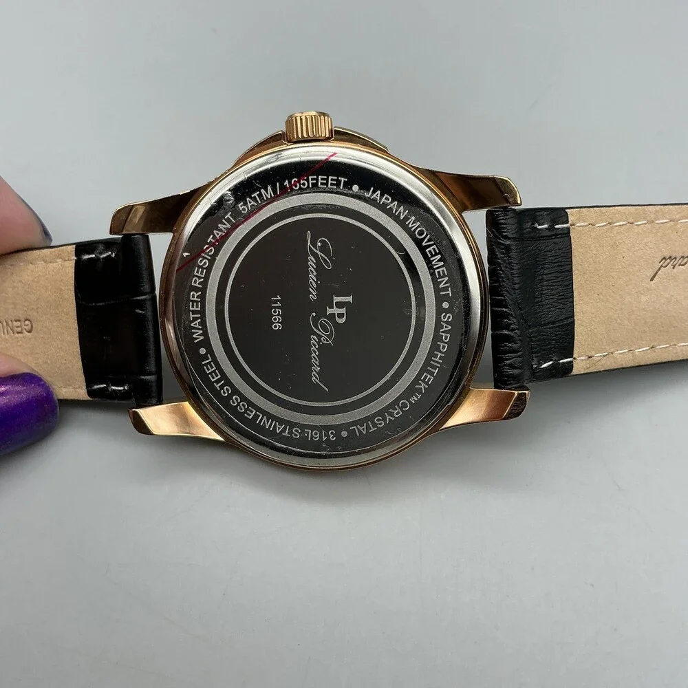 Lucien Piccard Mens Watch 42mm Black Dial Rose Gold Tone Date New Battery